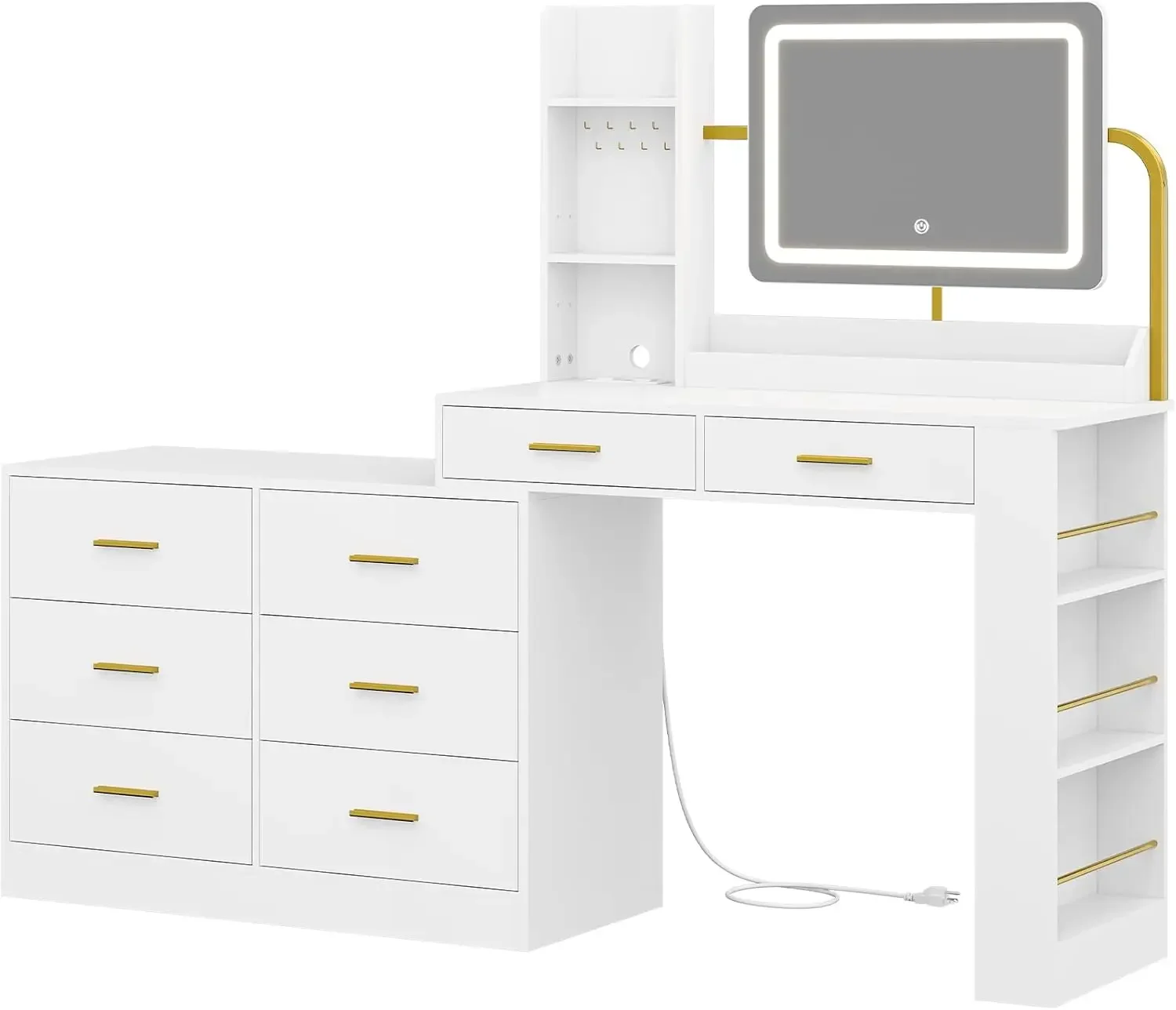 Hasuit Vanity Desk con specchio e luci, tavolo da trucco bianco con stazione di ricarica, 8 cassetti, 3 livelli da tavolo