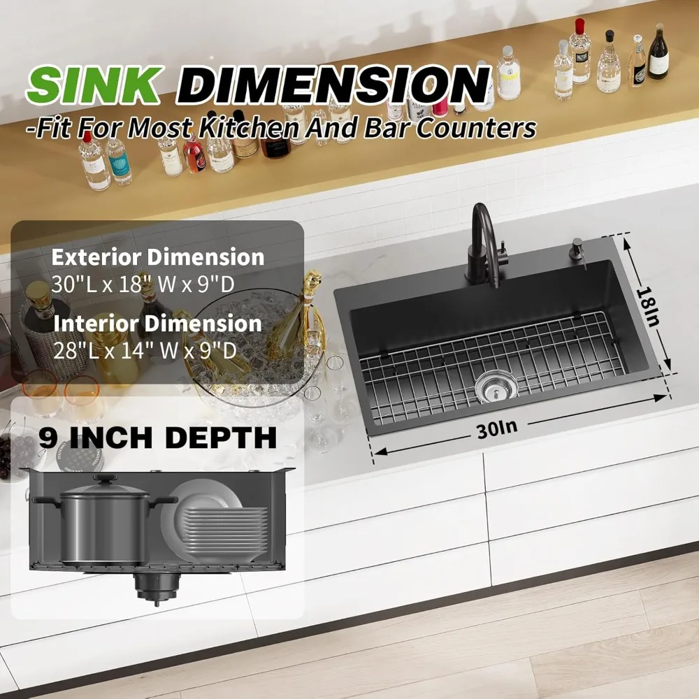 Fregadero de cocina, caída de acero inoxidable de 30x18 pulgadas en un solo cuenco moderno, fregadero de cocina de montaje superior, rejilla combinada, estera de silicona, desagüe