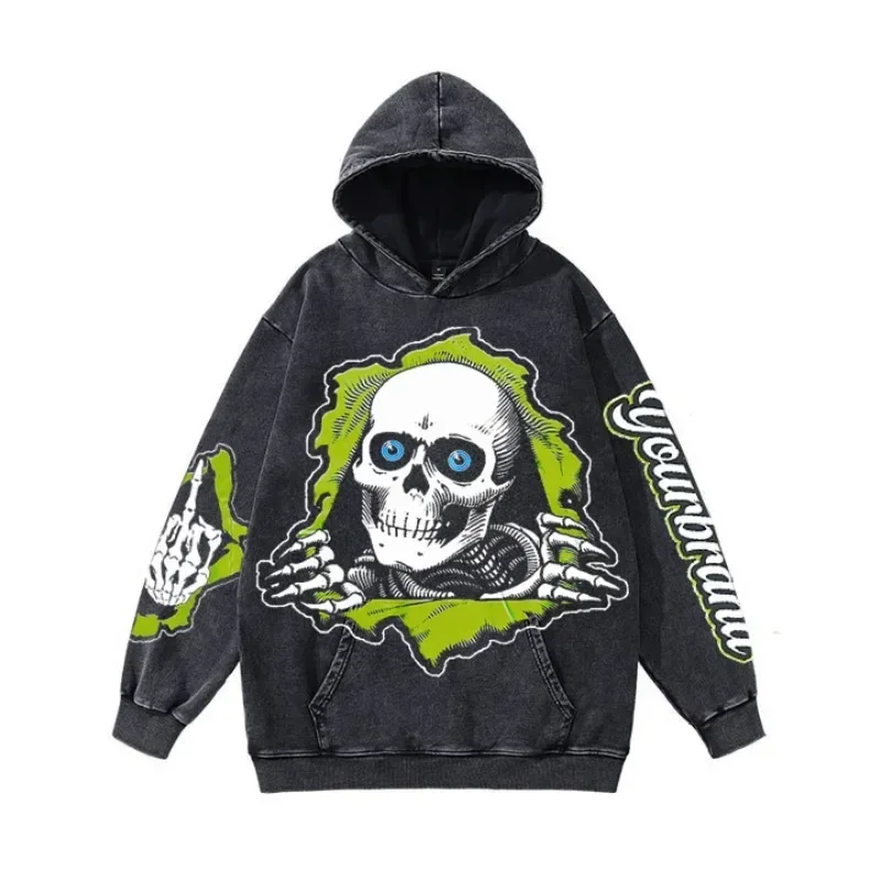 Skull Print Retro Hoodie Women High Street Trend Gothic Sweatshirt Y2K Sweater Ins Loose Couple Street Hooded Sweatshirt Man