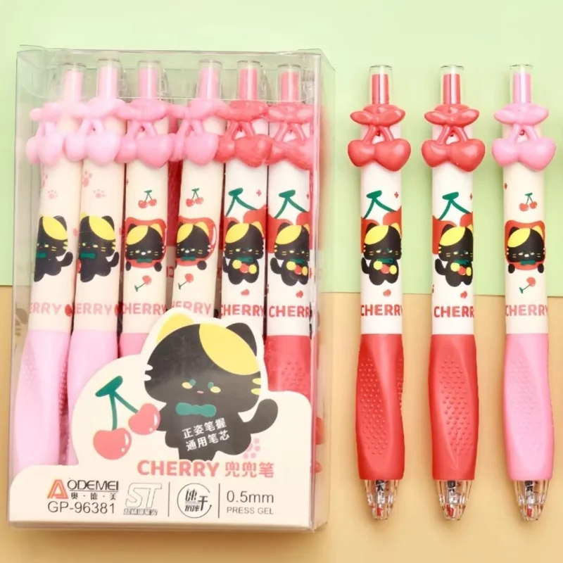 

36pcs/lot Creative Cherry Cat Press Gel Pen Cute 0.5mm Black Ink Neutral Pens For Writing Office School Supplies
