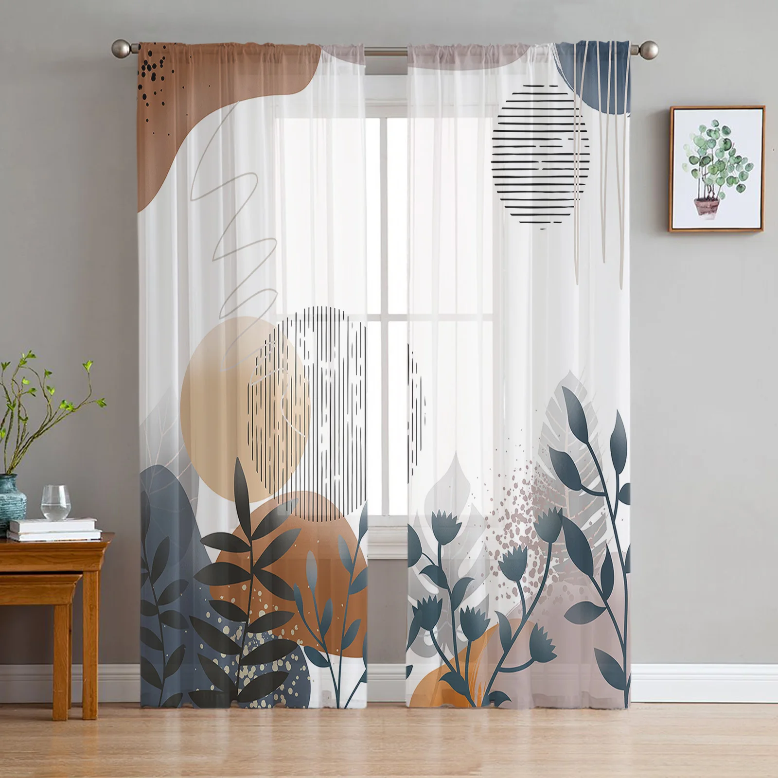 Bohemian Abstract Wind Leaf Plant Sheer Curtains for Living Room Bedroom Tulle Curtain Kitchen Home Decor Window Drapes