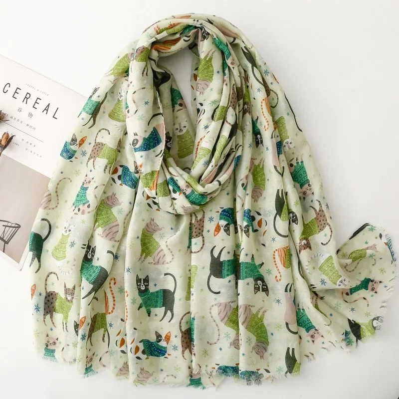 

Luxury Women Viscose Scarf Summer Beach Shawl Long-Tailed Cat Print Cotton Linen Feeling Tassel Muslim Hijab Wrap Turban