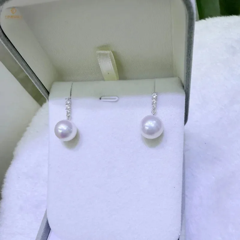 Natural Freshwater Pearl Stud Earrings 7-8mm   White Three-Diamond Style S925 Silver Luxurious Sophisticated Look