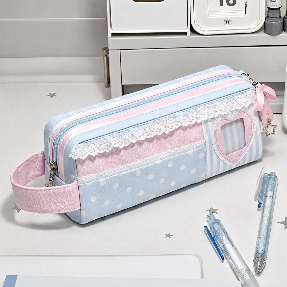 Kawaii Pink Blue Pencil Case Polka Dot Design Large Capacity Pencil Pouch Pen Bag School Office Supplies