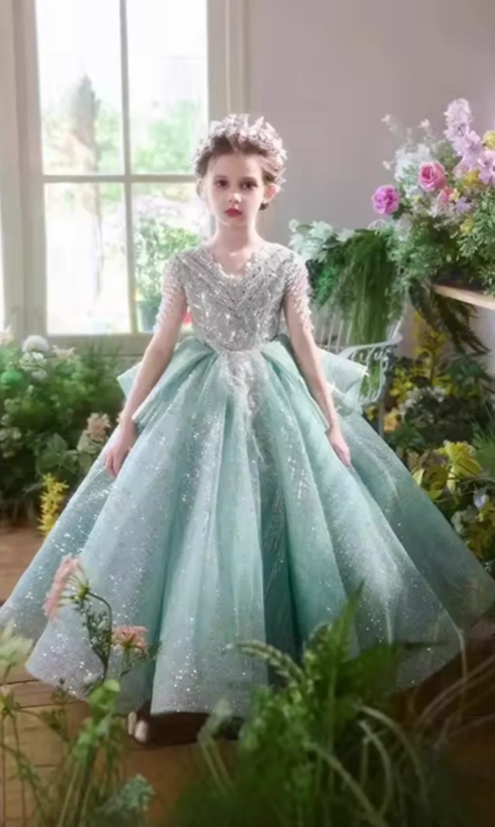 

Elegant Girls Formal Dress Floral Green Evening Gown Little Wedding Flower Girl Piano Gown Miss Birthday Party Princess Pageant