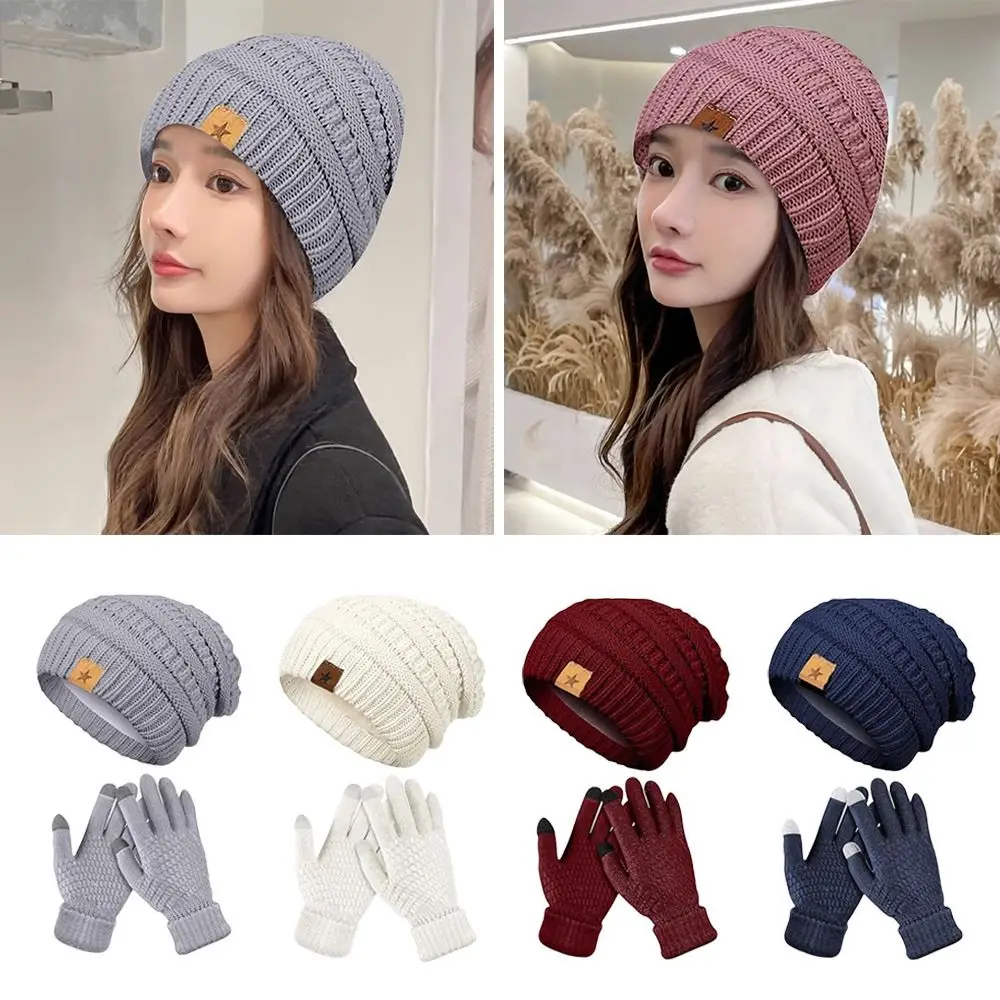 2PCS/Set Winter Beanie Hats Gloves Set Touchscreen Mitten Cold Proof Thicken Women Warm Knitted Hat Ear Protection Windproof Cap