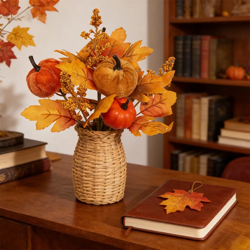Künstlicher Kürbis- und Ahornblatt-Blumenstrauß, Kunst-Herbstlaub für Thanksgiving, Ernte, Heimdekoration, Tischvase, Blumenarrangement – Detail 1