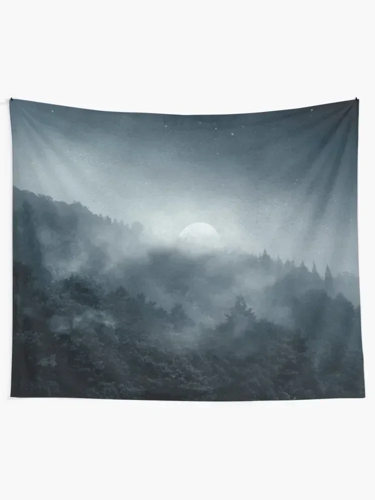 Night Shadows - Moon Over Misty Forest at Night Tapestry Wall Art Decor For Room On The Wall Tapestry