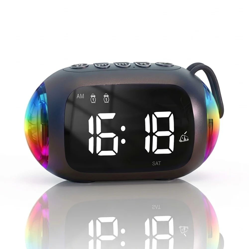 Alarm Clock Portable Outdoor Bluetooth Speaker FM Radio Time  Week Display Ringtones Colorful Lights Pool Beach Hiking Gift