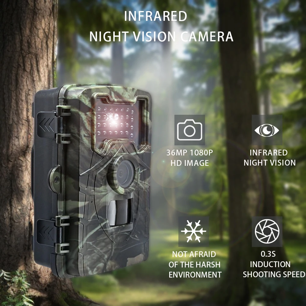 36Mp 1080P Infrared Night Vision Camera, Infrared Night Vision, 10m Meters Night Vision Range, Ip66 Waterproof, High-Definition Display, Suitable for Observing Wildlife, Security Monitoring (Without Battery/Memory Card)
