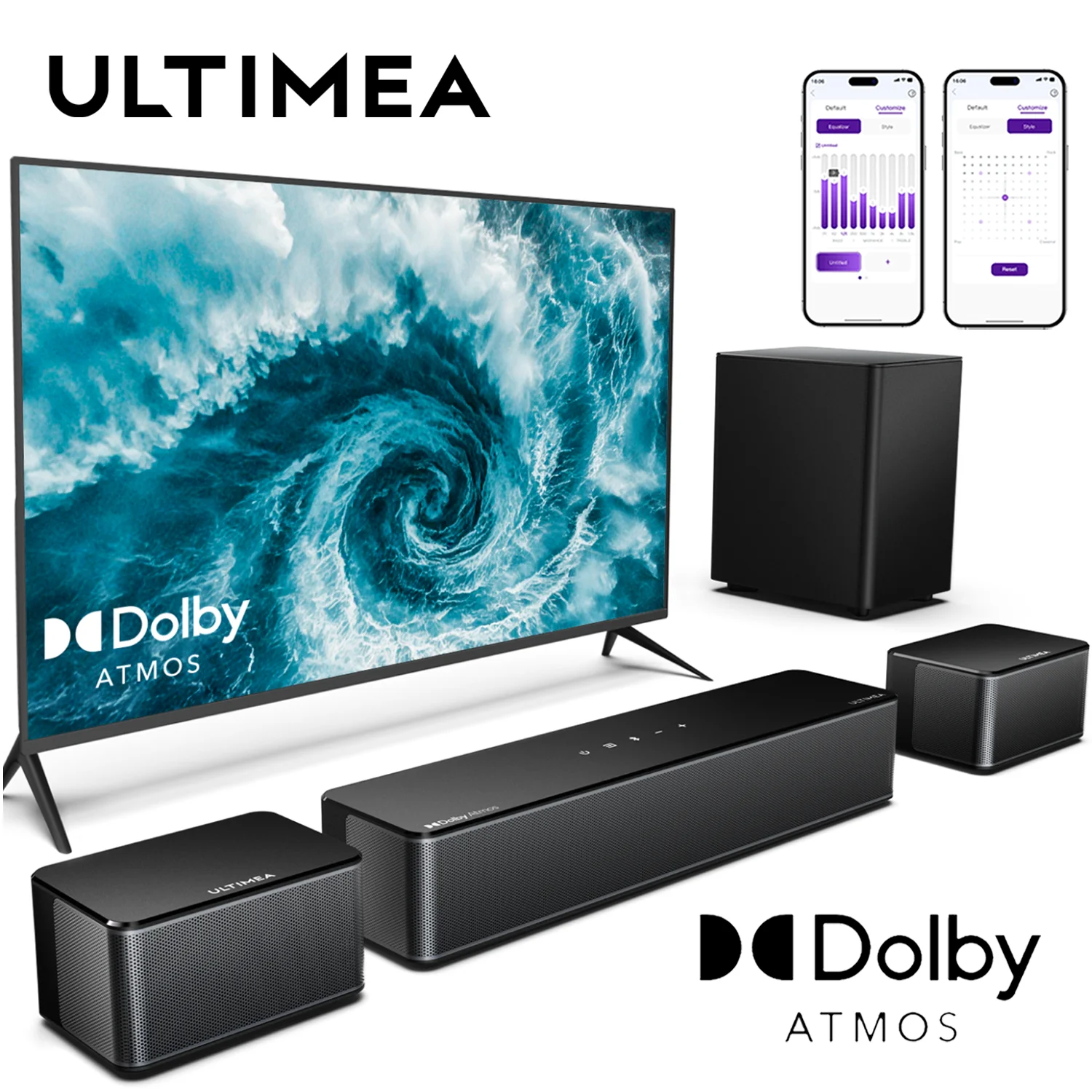 

ULTIMEA 450W 5.1 Dolby Atmos Sound Bar, 3D Surround Sound System for Home Theater TV, 2 Surround Speakers & Wireless Subwoofer