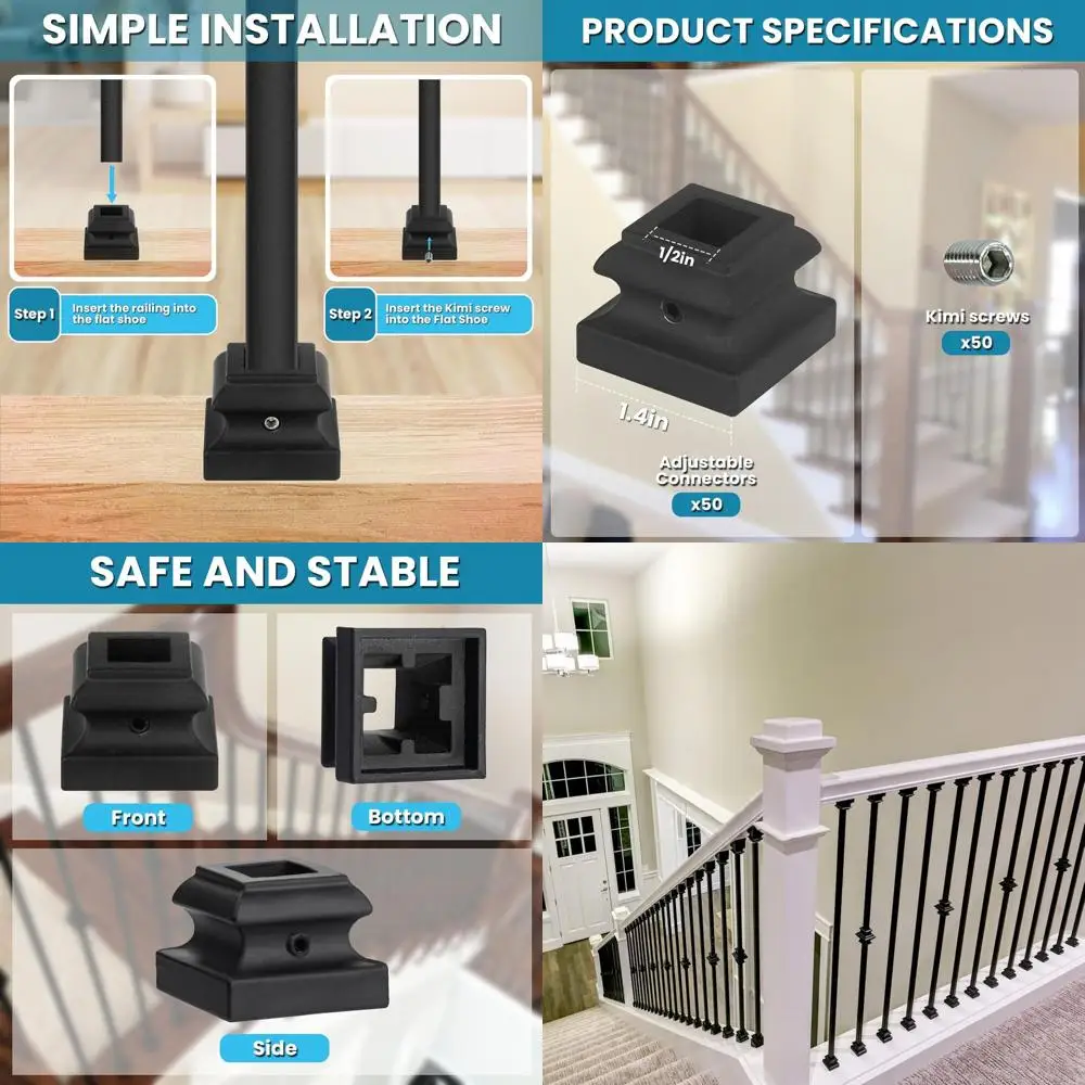 

Satin Black Iron Baluster Shoes - Lat Shoe with Screw for 1/2 Square Balusters, 50-Piece Set