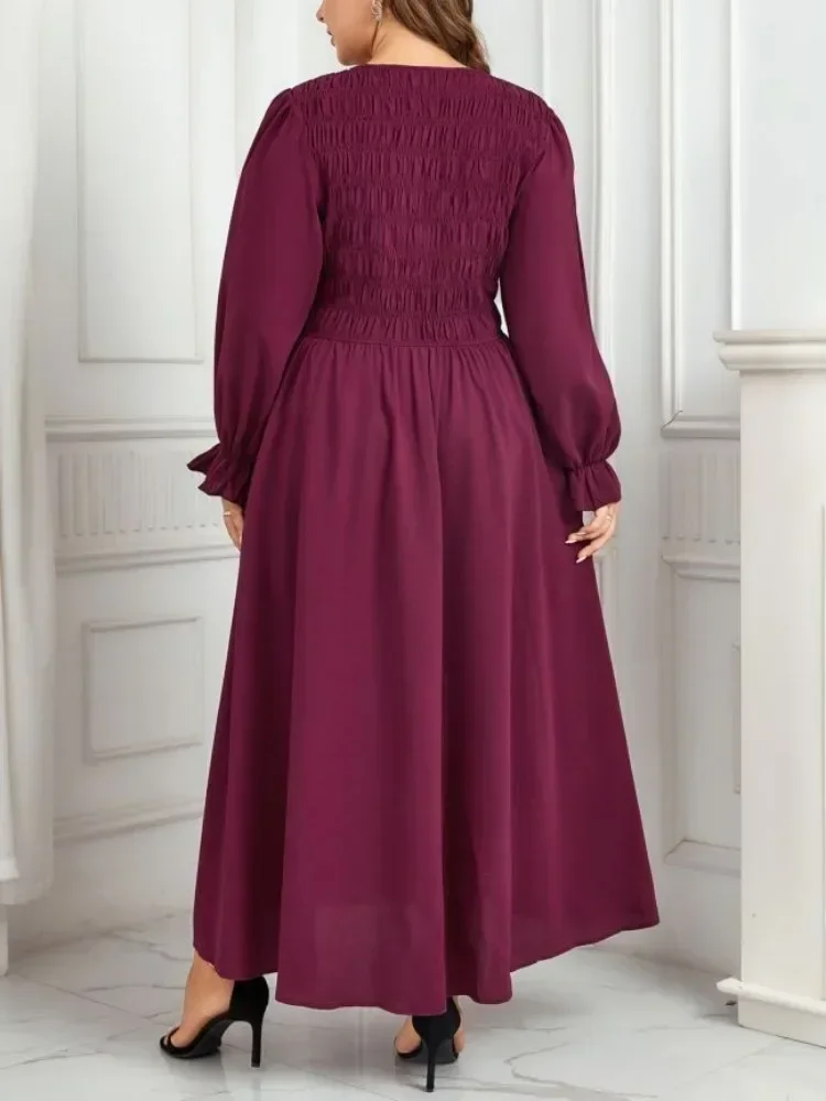 Plus Size Ruched Women Dresses V Neck Elastic Long Puff Sleeves Autumn Fall Sprimg Robe Solid Color Flowy Odzież Damska