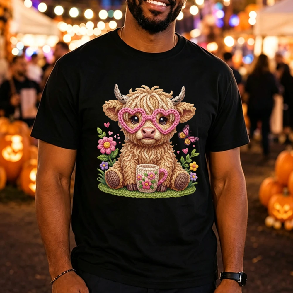 Cute Highland Cow Graphic T Shirt Men Women Pink Heart Glasses Cotton Short Sleeve Top Halloween Spooky Season Y2K Casual Tees