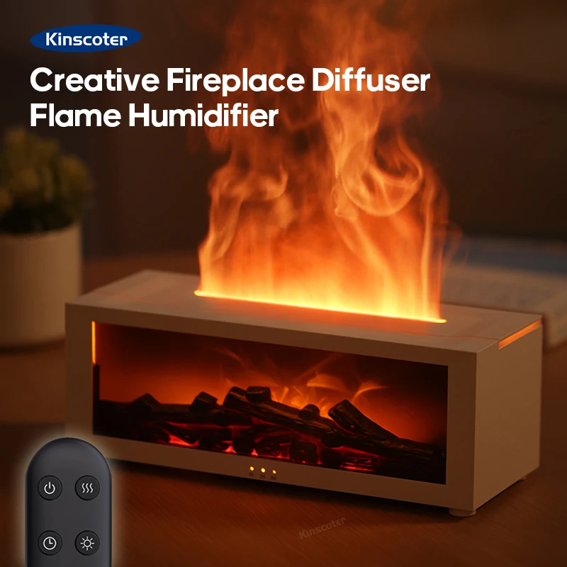 Simulated Fireplace Aroma Diffuser Essential Oil Diffuser Air Humidifier w/ Remote & Colorful Night Light for Home Creative Gift