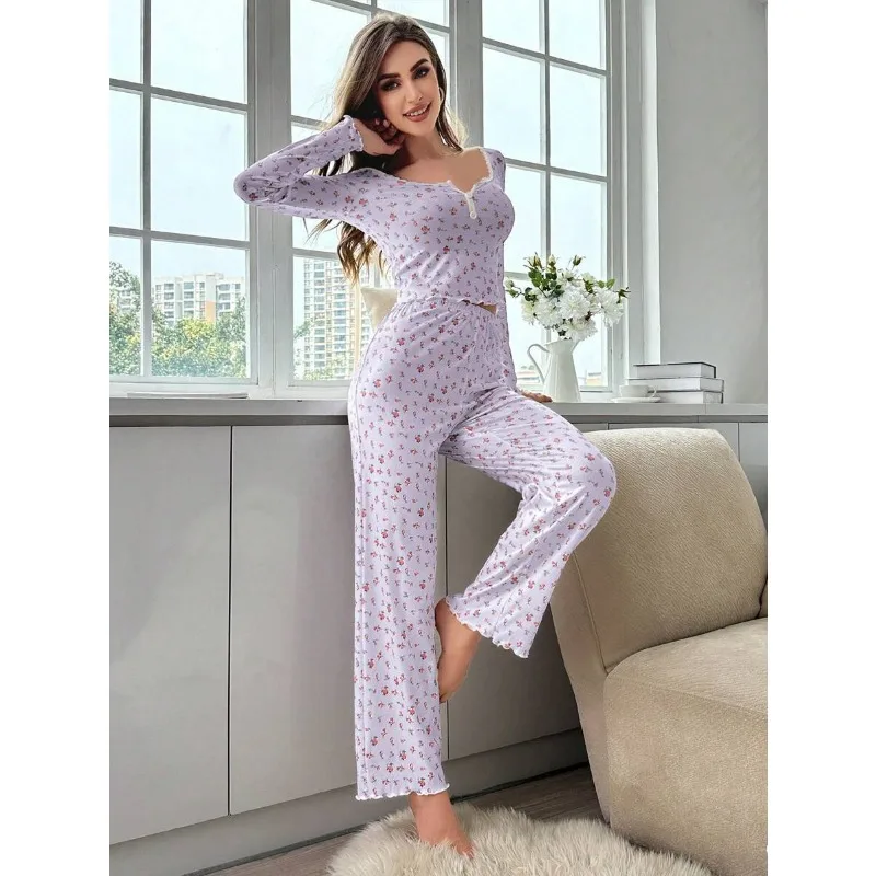 2Pcs/set fancy underwear women\'s homewear lace long-sleeved trousers stretch college students home wearable pajamas for women