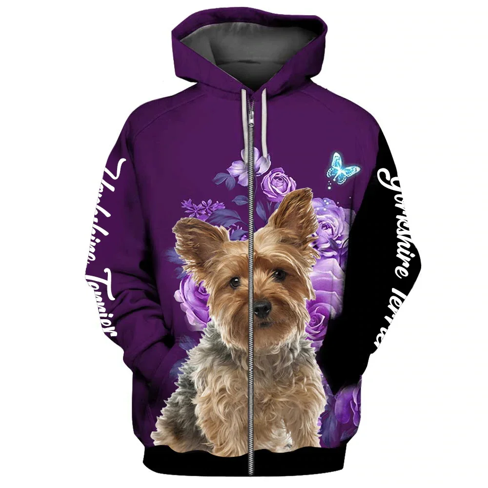 HX Fashion Animals Zip Hoodies Yorkshire Terrier Make Life Whole Hoodies Dogs Floral Graphic Tops Harajuku Sportswear