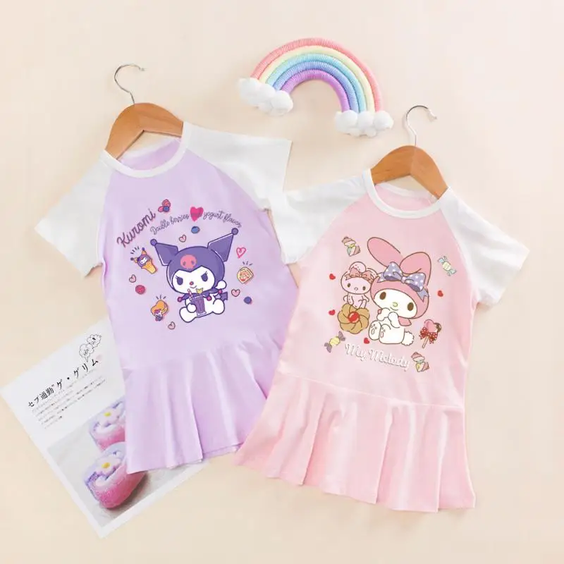 Sanrioed My Melody Kuromi Girl Dress Summer Kids Short Sleeve T-Shirt Skirt Fashion Pleated Skirt Prep Cute Kids Clothes Gift