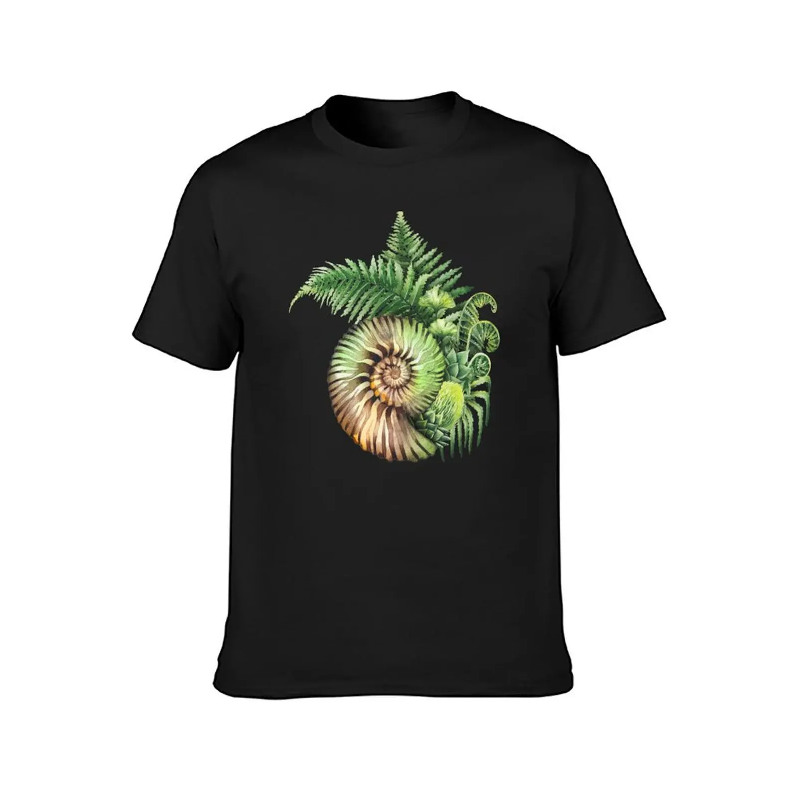 Prehistoric watercolor seashell and fern branches T-Shirt graphics plus size tops mens tall t shirts