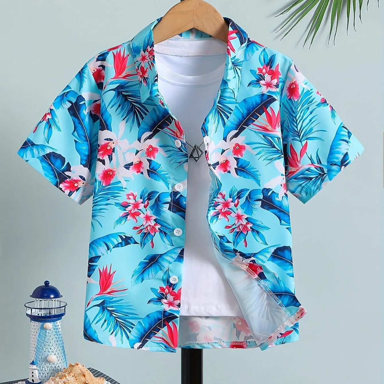 Baju atasan anak laki-laki, kemeja Hawaii trendi, baju atasan pantai musim panas pola tropis lengan pendek, baju kasual anak-anak, tahan lama, nyaman, untuk anak laki-laki