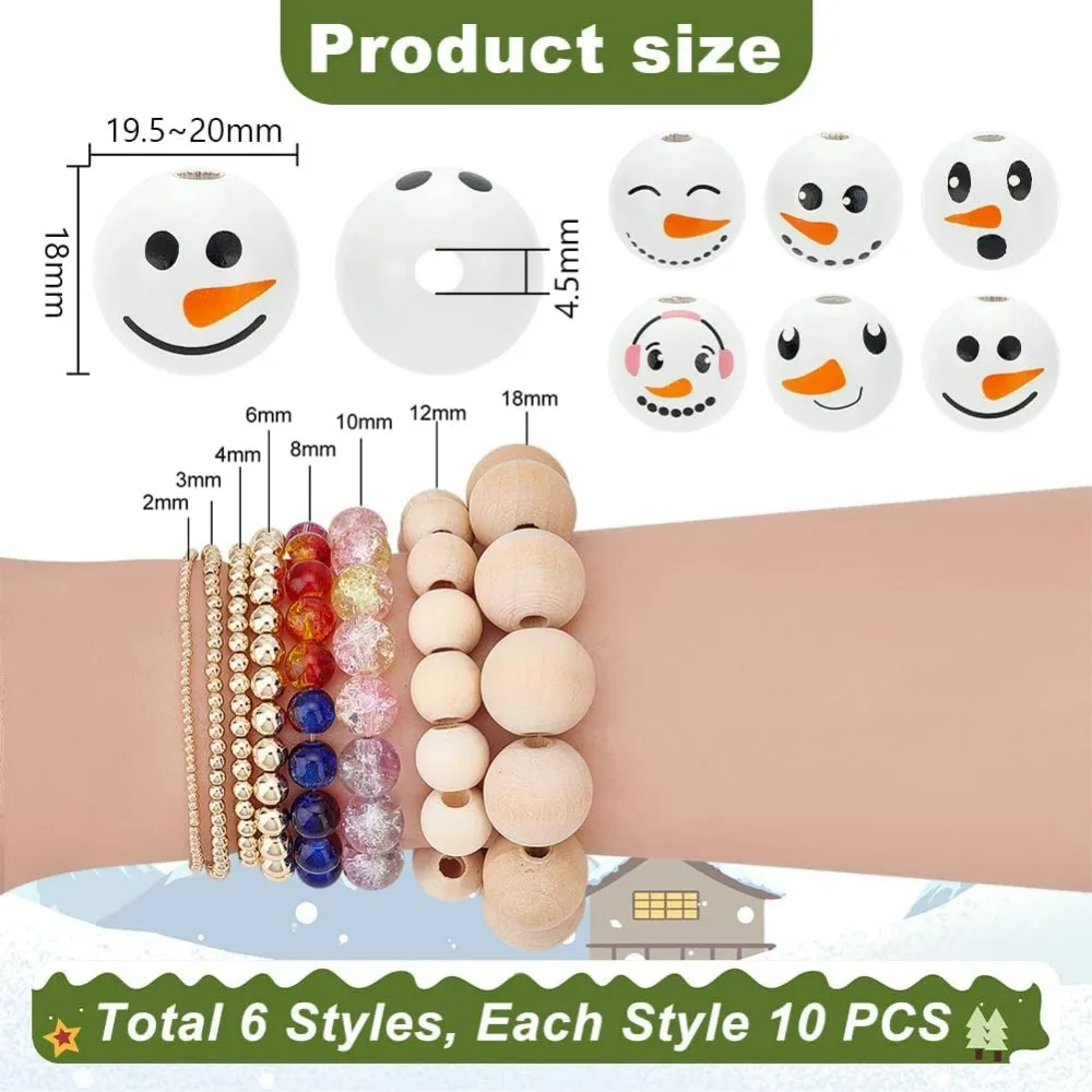 6 Styles Large Hole Snowman Wooden Beads - 60pcs 20mm White Ball Head with 4.5mm Hole Spacer Beads for Christmas making kit