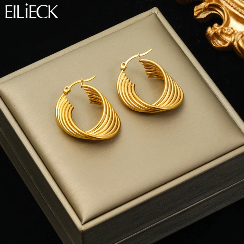 EILIECK 316L Stainless Steel Geometric Lines Hoop Earrings For Women Fashion Ear Buckle Non-fading Earring Jewelry Gift Party