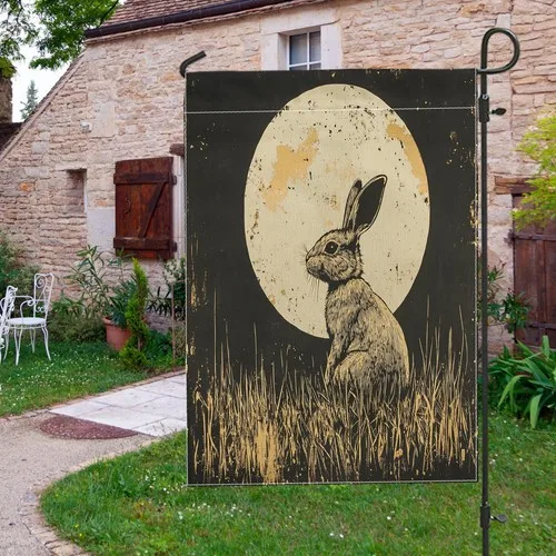 Bunny Harvest Moon Rabbit Garden Flag, Black and Beige Outdoor, 12x18 Inch XXQ