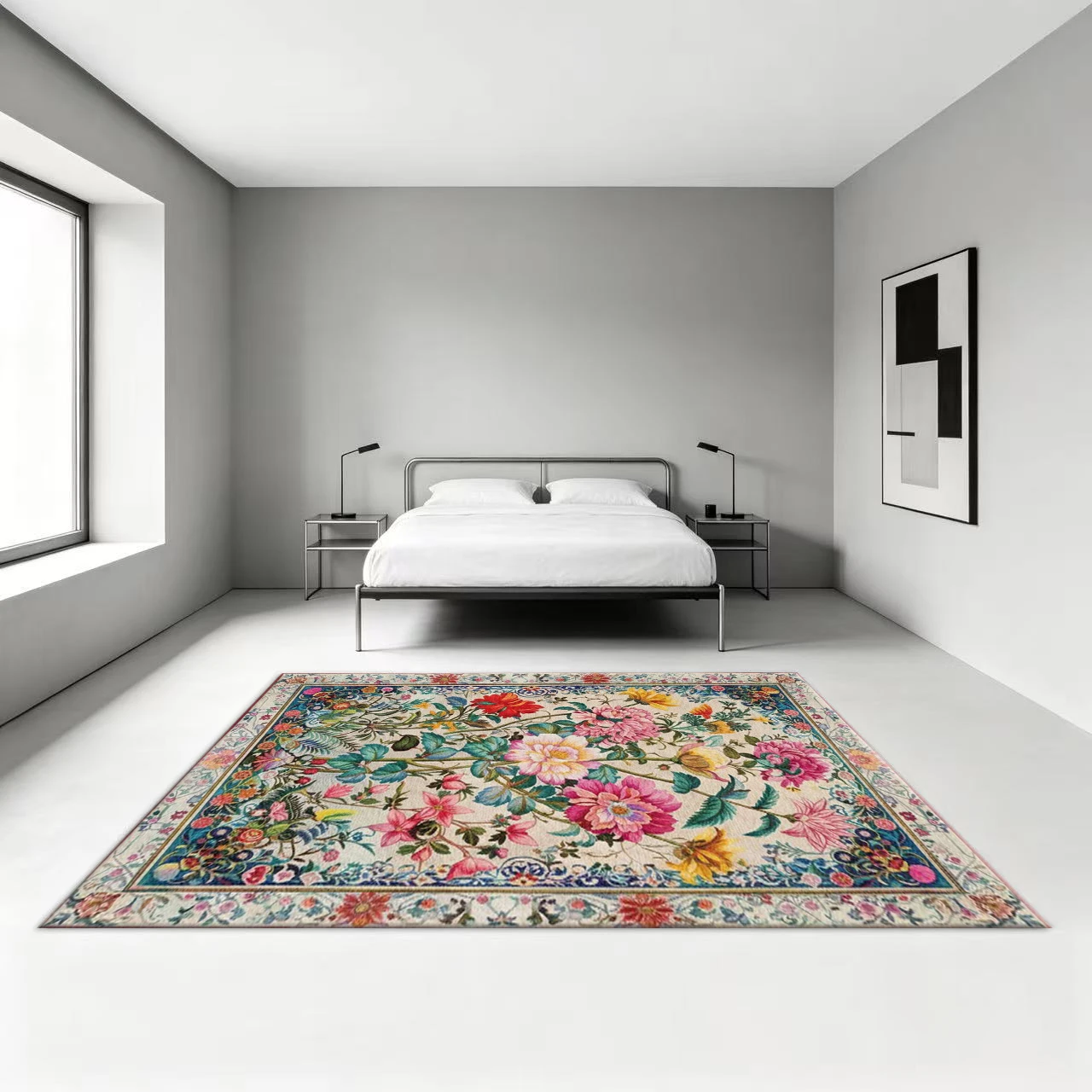 Vibrant Colorful Floral Square Area Rug Retro Botanical Peony Printed Floor Carpet for Living Room Bedroom Home Decor