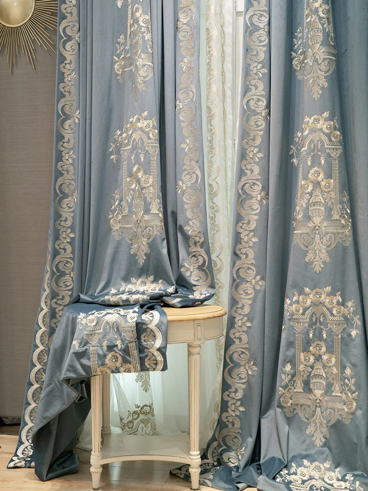 Custom curtain European flannelette embroidery high-grade blue thick blue velvet  cloth blackout curtain tulle drape C1504