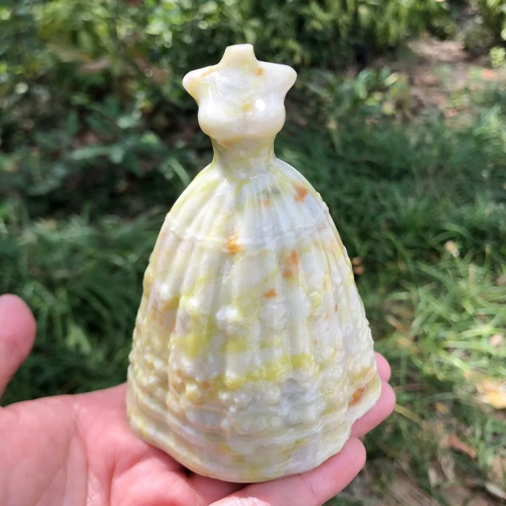 10cm Natural Lemon Jade Dress Figurine, Crystal Woman Gown Statue, Natural Stone Ornament, Wedding Desktop Home Decoration Craft
