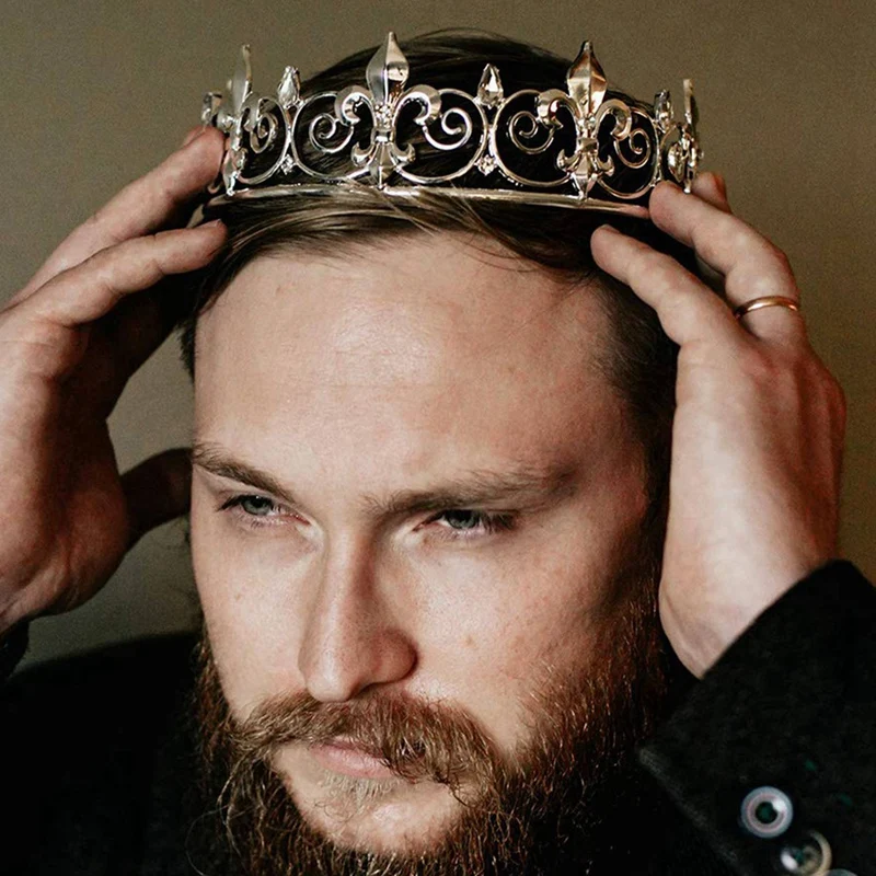 男性のための4xロイヤルキングクラウン-金属製クラウンアンドティアラ、フルラウンドバースデーパーティーハット (シルバー)