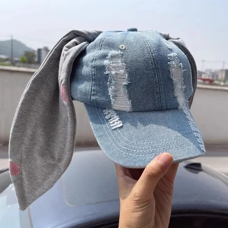 

Women's Y2K Bunny Ear Denim Baseball Cap: Distressed, Ripped, Star Print, Adjustable, Casual Dad Hat, Cute Rabbit Ear Hat