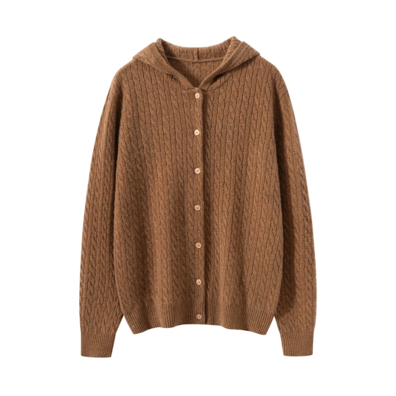 

Basic 100% Cashmere Cardigan Knitted Hoodie Sweater For Winter Soft Pullover Women Long Sleeve Knitwear Clothing Tops