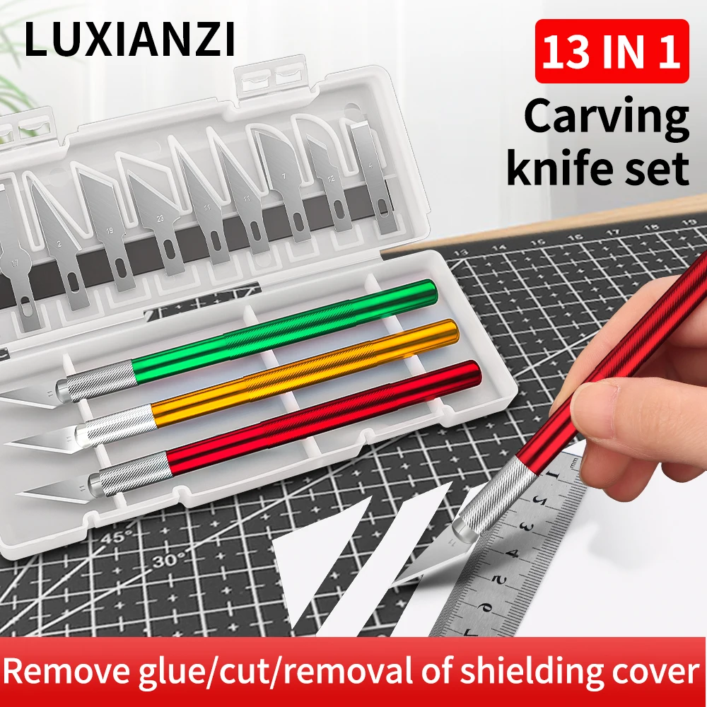 LUXIANZI 13pcs Stationery Knife Scalpel Blade Box Set For Craft Arts Drawing DIY Cutter Open Multi Tool Metal Engraving Knives