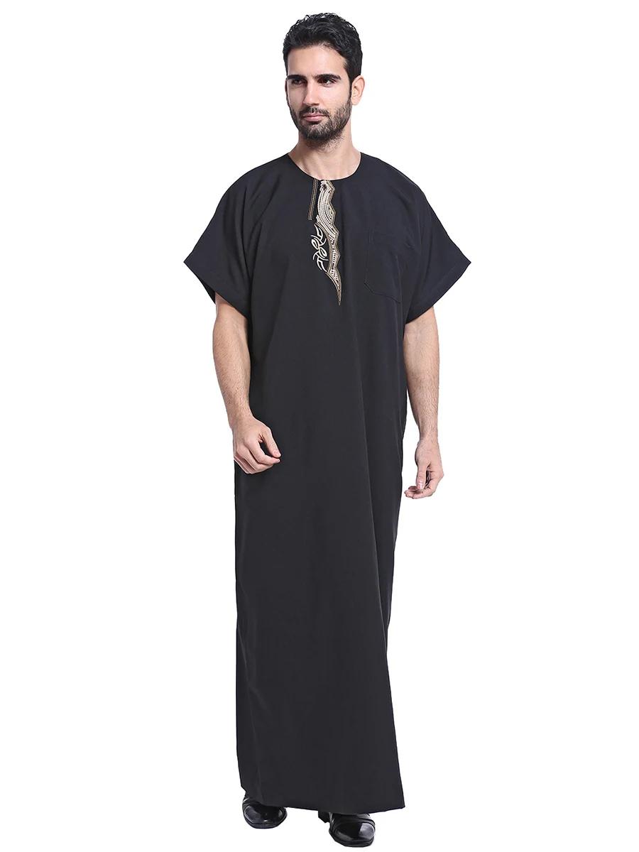 Muslim Men Short Sleeves Round Collar Pure Color Embroidery Robe Arab Male Adult Ankle Length Thobe Ramadan Eid Clothes