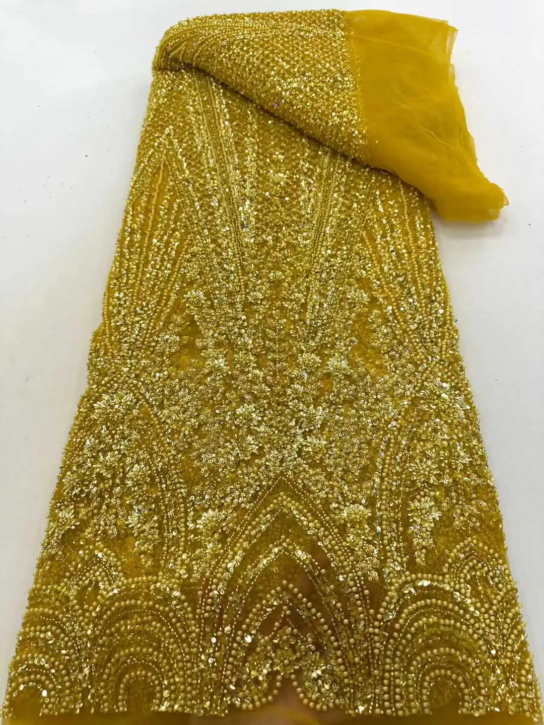 

Gold Luxury Precious French Handmade Heavy Beaded Lace Fabric High End African Nigerian Sequin Lace Wedding Party Dresses