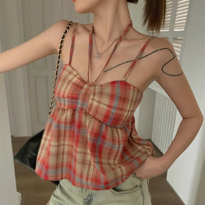 Sleeveless Tank Tops Shirt Halter Lace Up Design Sweet Plaid Halter Versatile Sleeveless Crop Top All-Match Casual Streetwear