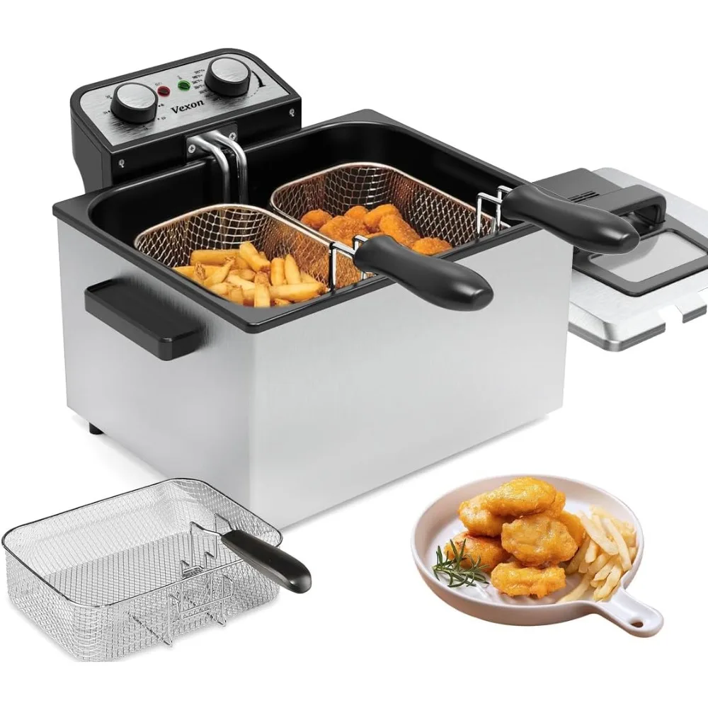 1800W 5 Liters/21 Cups Large Electric Deep Fryer with 3 Frying Baskets for Home Use, Adjustable Temperature,View Window Lid