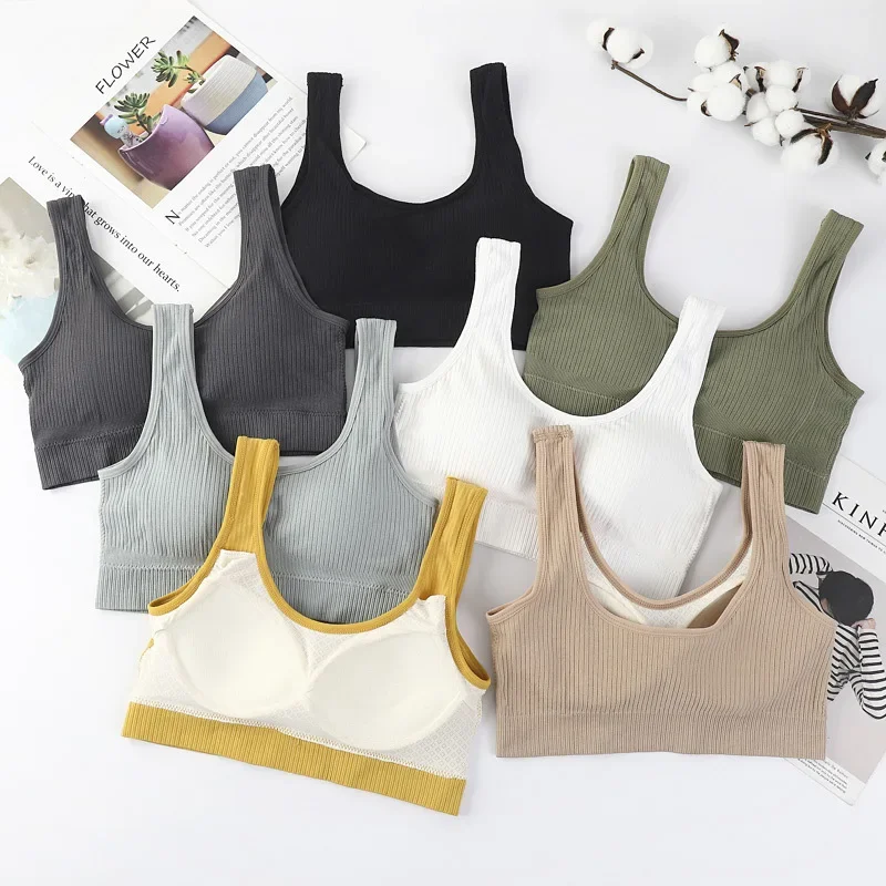 Women's Tops Seamless Tank Top Female Padded Crop Tops Underwear Wide - Strap Ribbed Bralette Basic Lingerie Camisole