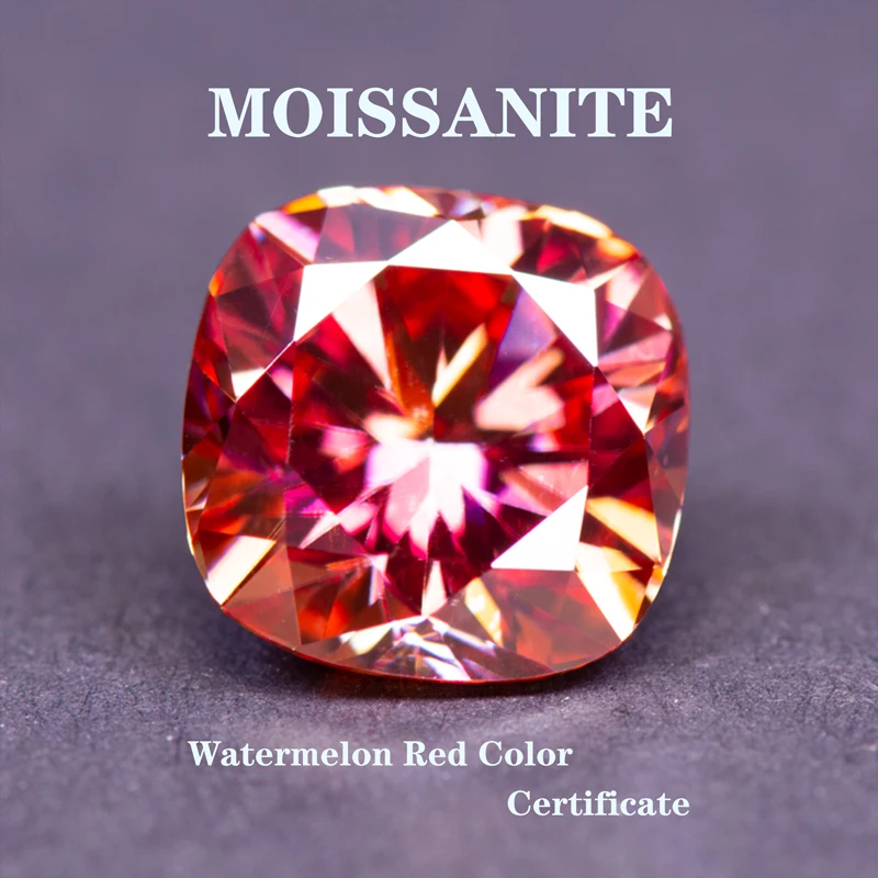 

Moissanite Stone Cushion Cut Watermelon Red Color Charm Gemstone DIY Advanced Jewelry Making Shiny Quality with GRA Certificate