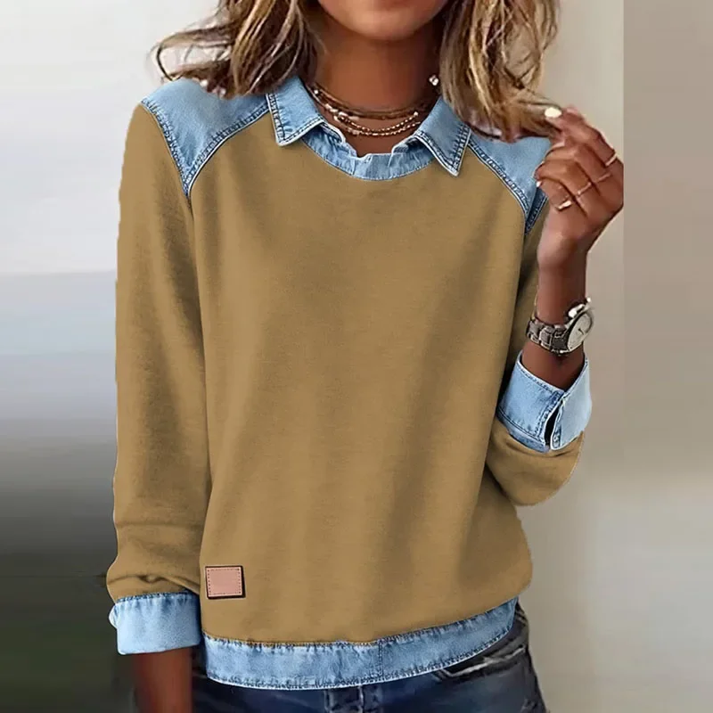 

Harajuku модные контрастные джинсовые женские толстовки элегантный рубашка с воротником в стиле пэчворк топ пуловеры осенняя футболка с длинным рукавом толстовка