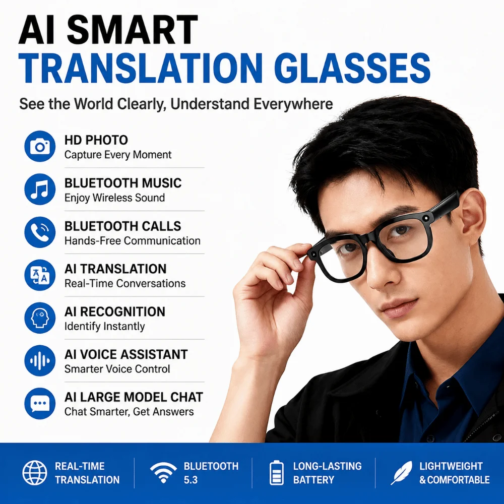 Real-time Translation AI Smart Glasses Wearable Tech 1080P Video Recording Smart Video Glasses AI Voice Anti-Blue Light