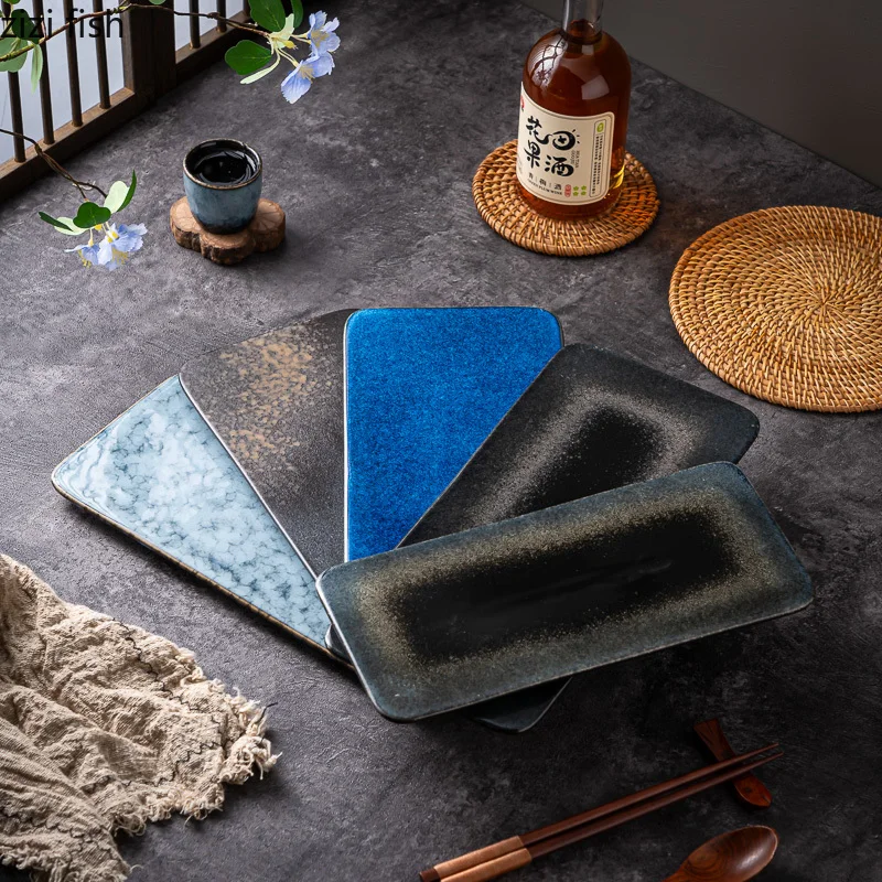 Flame Killed Ceramic Sushi Plate Rectangular Dim Sum Dessert Plate Cake Plate Long Strip Plates Molecular Cuisine Tableware