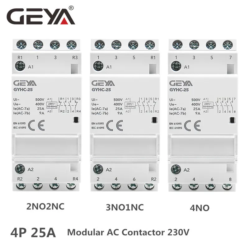 GEYA GYHC 4P 25A 4NC 4NO 2NO2NC 3NO1NC Din Rail Type Household Modular Contactor 50/60Hz Automatic AC Contactor