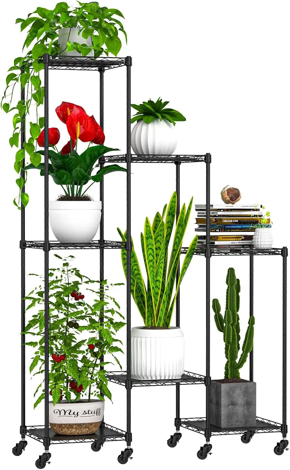 

59' Adjustable Plant Stand with Wheels, Metal Shelf for 7 Pots, Indoor Outdoor Display Rack