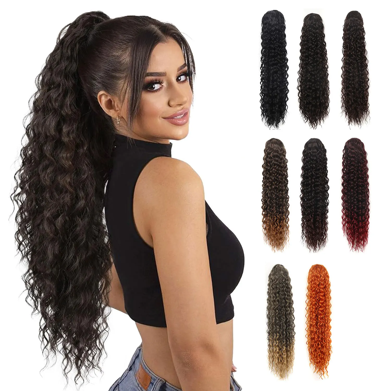 Deep Wave Ponytail Extensions Synthetic Drawstring Ponytail For Black Women Feeling With Clip In Thick Ponytail Hair