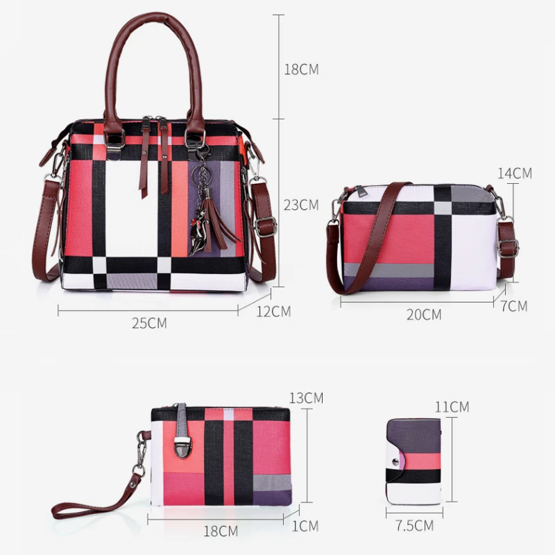 New Fashion Luxury Handbags New 4 PCS Set Women Plaid Colors Handbag Female Shoulder Bag Travel Shopping Ladies Crossbody Bag