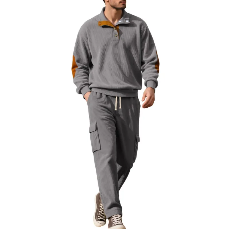 Men Corduroy Contrast Collar Sweatshirt Cargo Jogger Pants Casual Two Piece Outfit