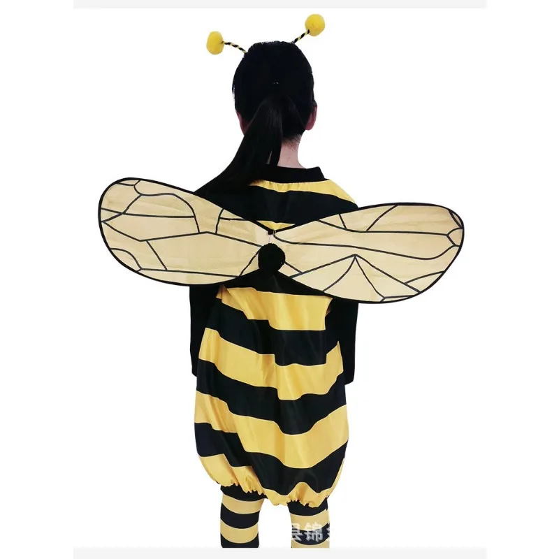 Bee Costume Kids Halloween Cosplay Set Bee Dress with Wings Heandband Leg Sleeves and Hair Hoop for Stage Show Dress Up