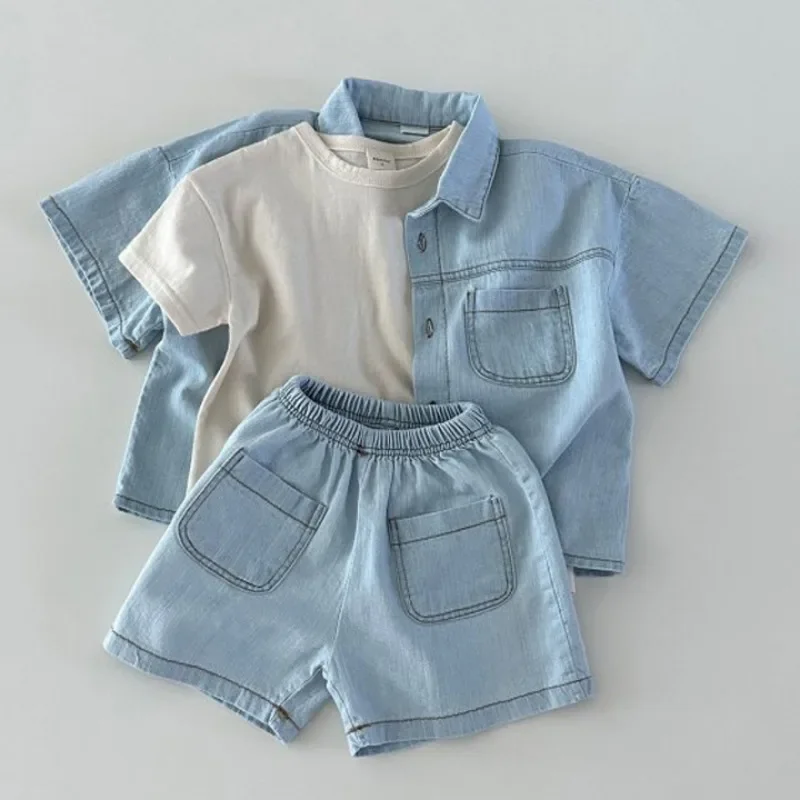 Korean Children Clothing Set 2024 Summer New Boy\'s Denim Suit Short-sleeved Shirt +Shorts Casual Girl\'s Two Piece Suit